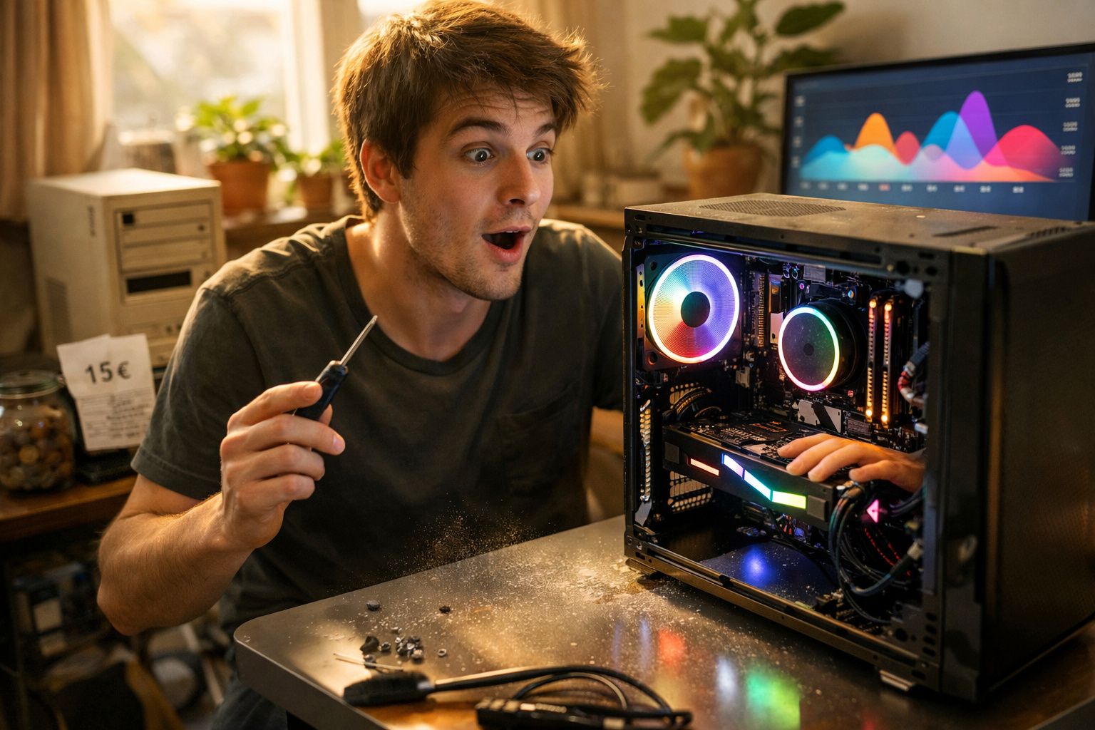 Jovem com expressão de surpresa a montar um computador com iluminação RGB num ambiente doméstico iluminado.