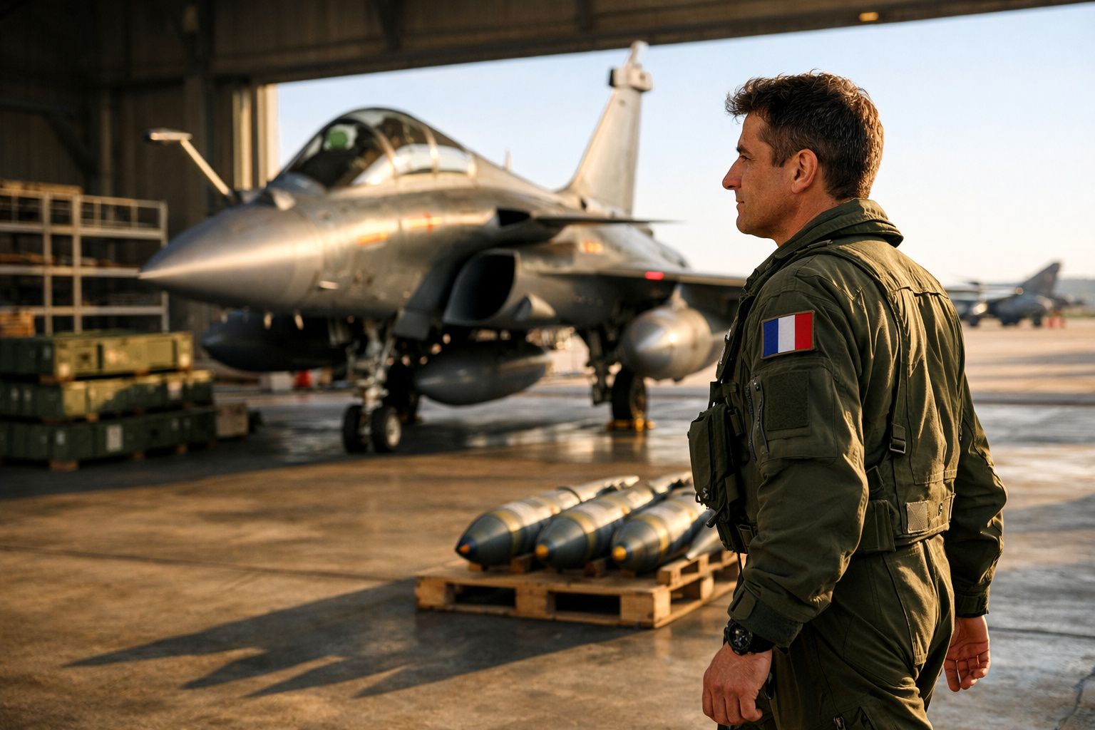 Piloto militar em fato de voo verde observa avião de caça e bombas numa base aérea iluminada pelo sol.