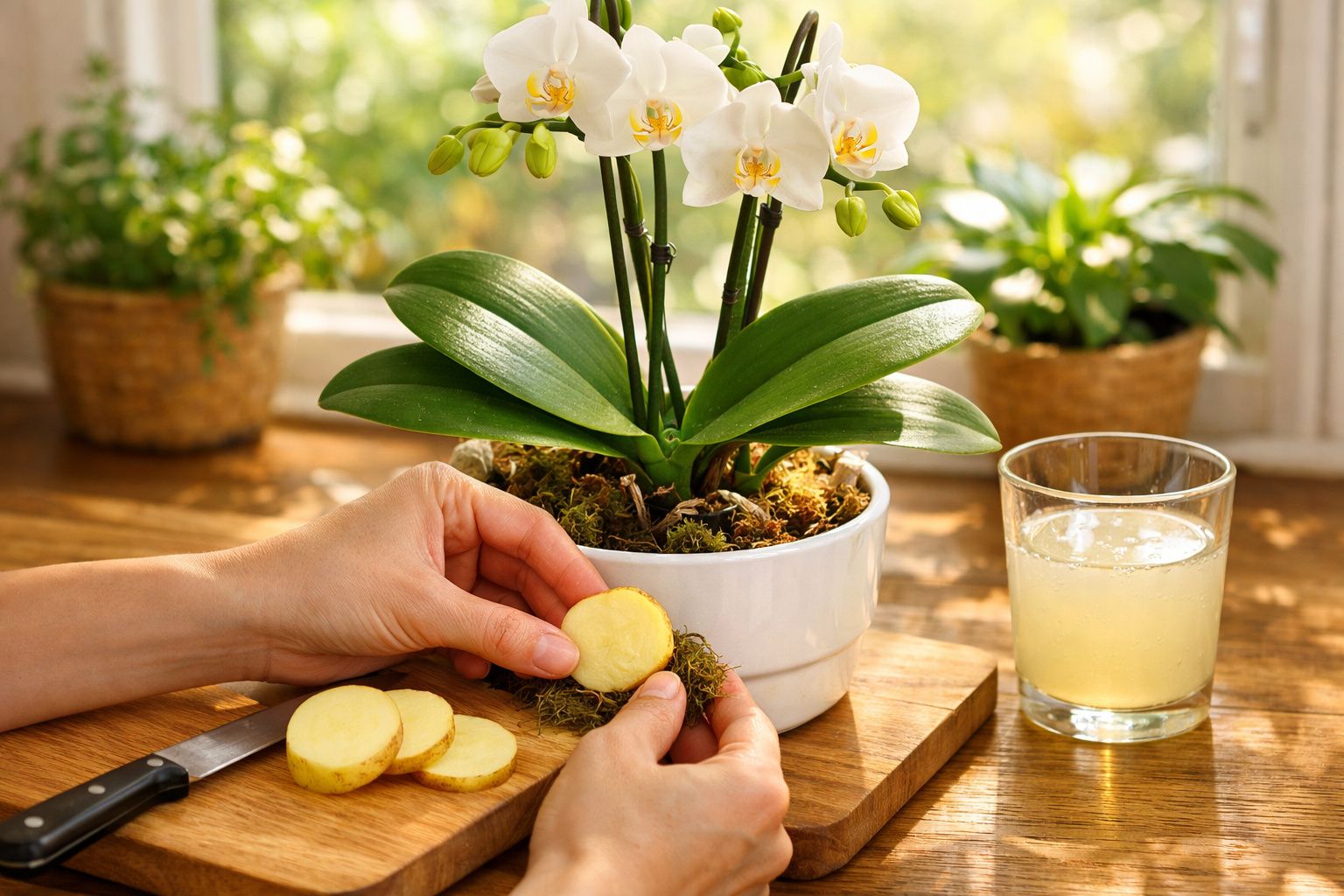 Mãos a colocar fatias de gengibre ao redor da base de uma orquídea branca em vaso, com copo de sumo ao lado.