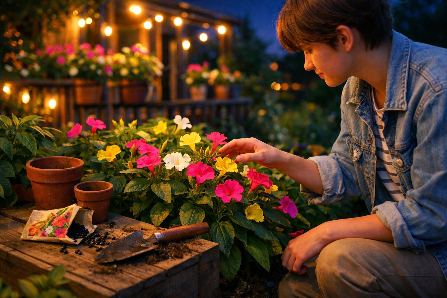 Pessoa a cuidar de flores coloridas num jardim ao entardecer com ferramentas e vasos ao lado.