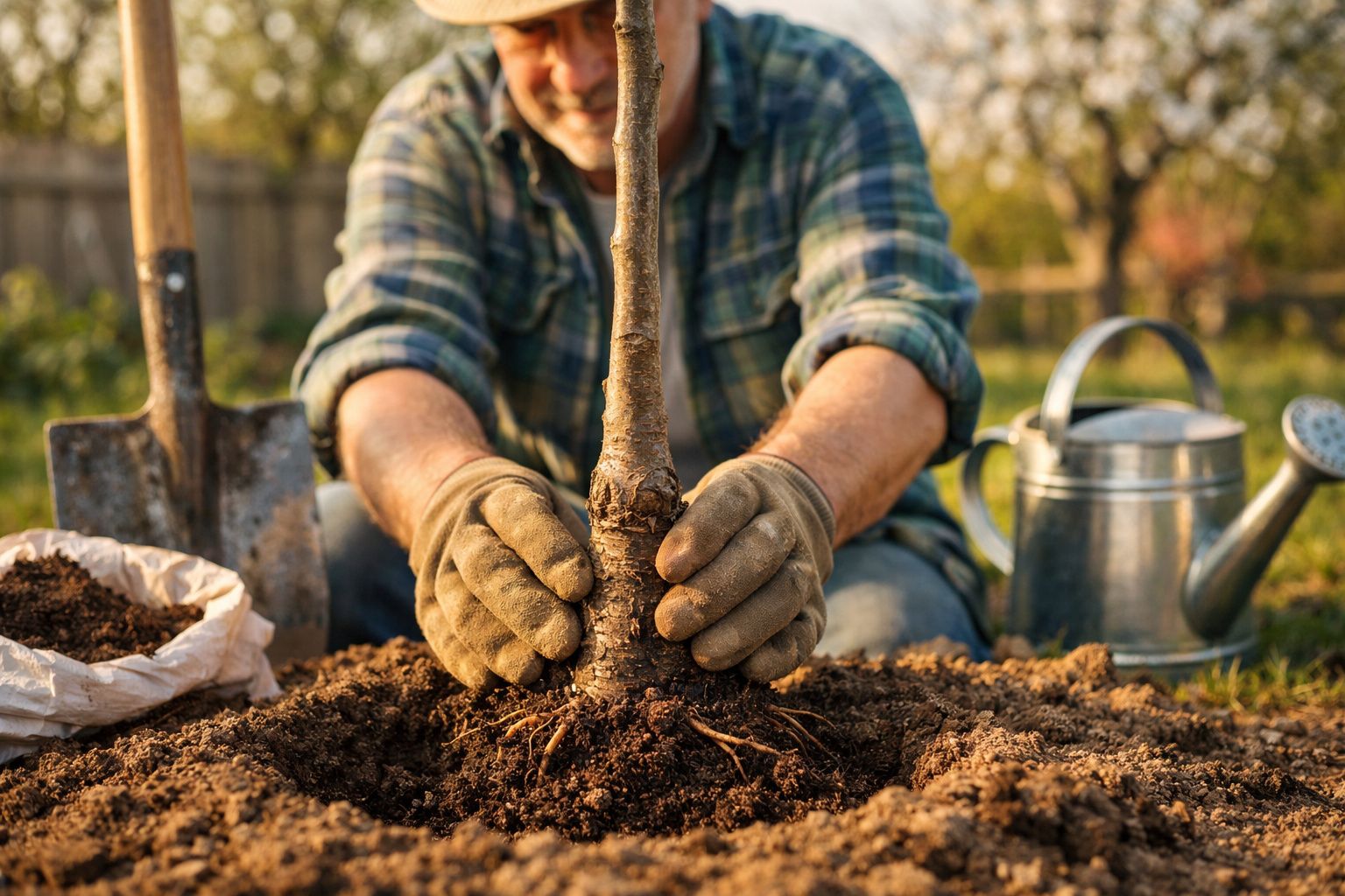 Pessoa com luvas a plantar uma árvore jovem no solo, com regador e pá ao fundo num jardim.