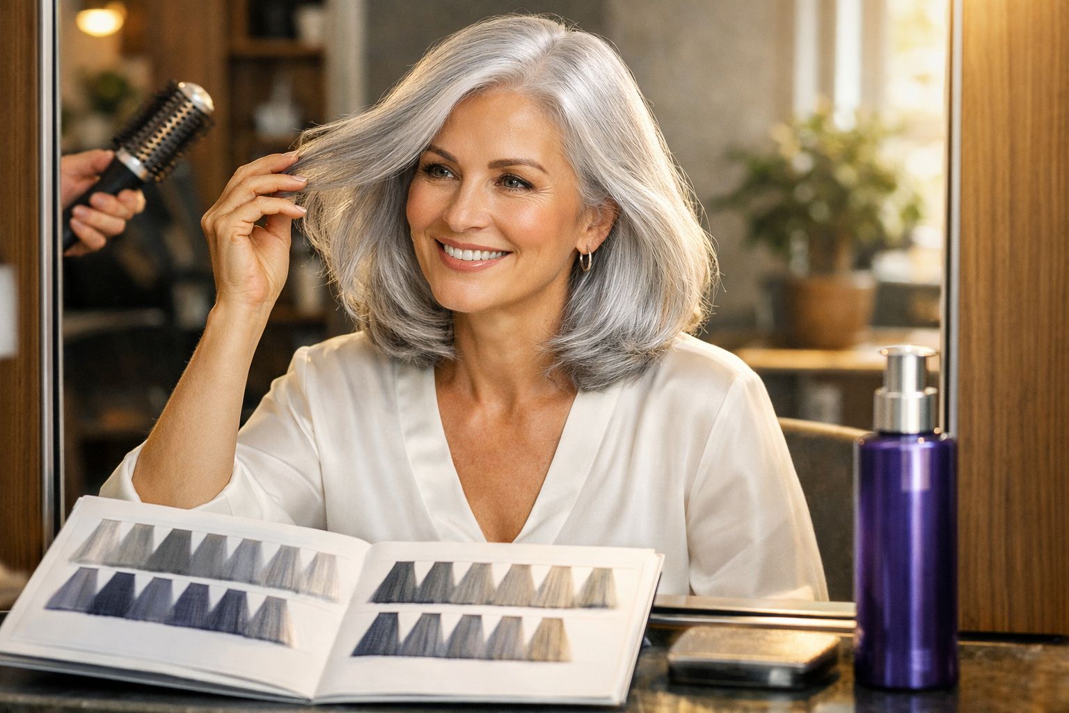 Mulher madura de cabelo grisalho sorridente a olhar para a sua cor no espelho num salão de cabeleireiro.