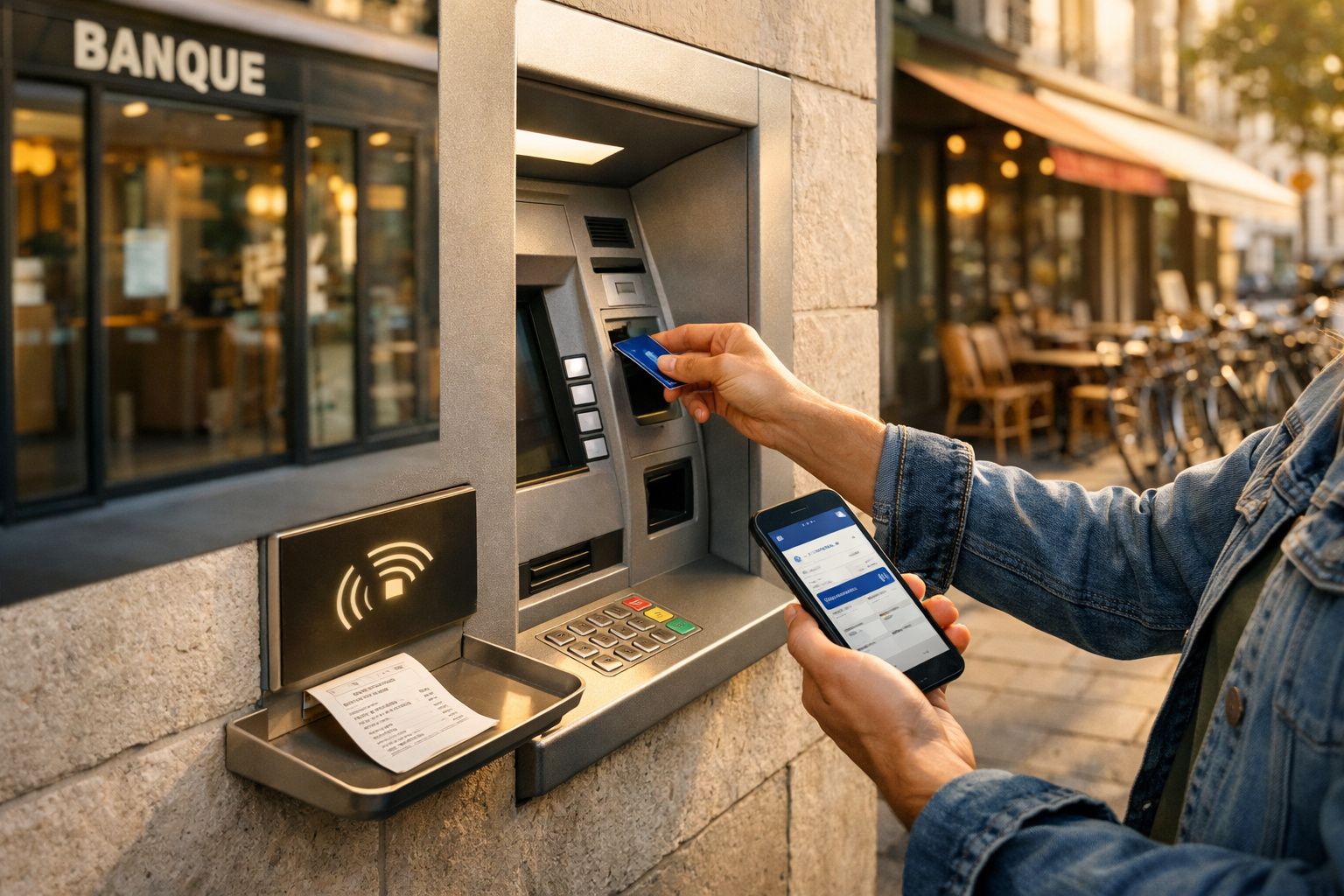Pessoa a usar cartão e telemóvel num multibanco exterior numa rua com bicicletas e esplanada ao fundo.