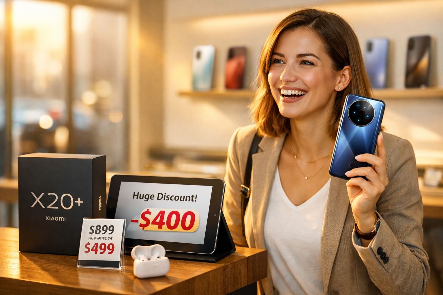 Mulher sorridente segura smartphone Xiaomi X20+ em loja com desconto destacado na mesa.