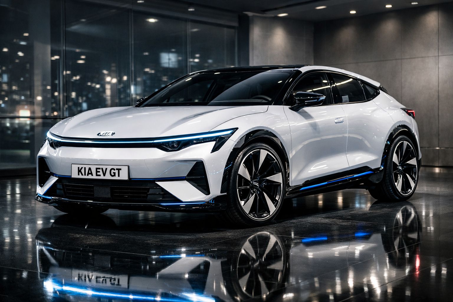 Carro elétrico Kia EV GT branco estacionado em piso refletor numa garagem moderna com luzes azuis.
