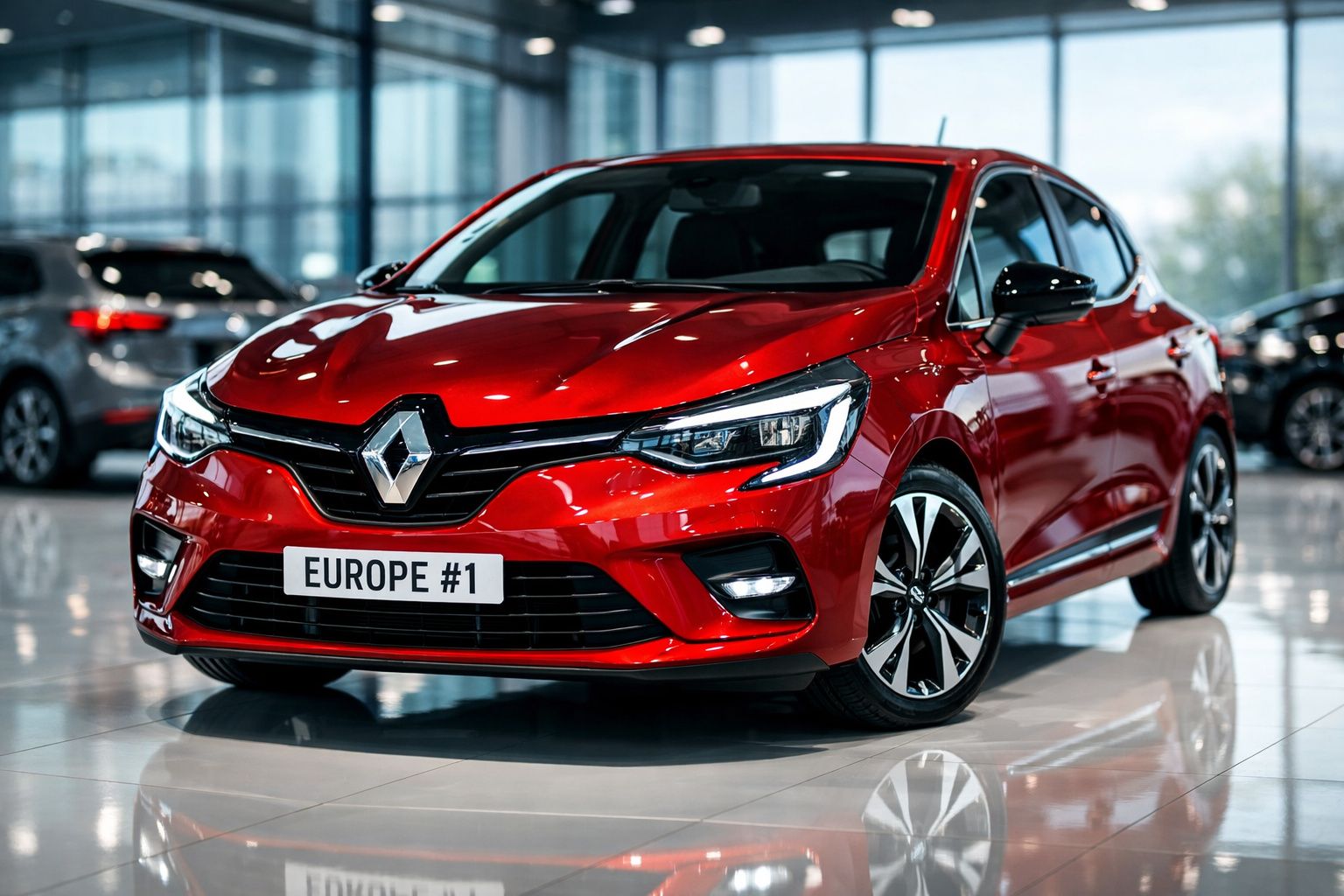 Carro vermelho Renault novo em exposição numa sala de showroom moderna e iluminada.