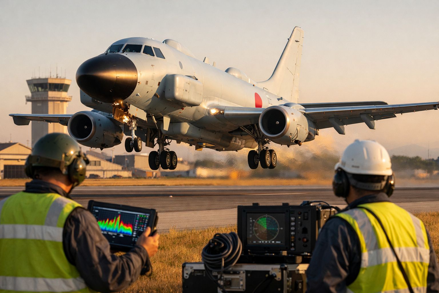 Avião militar a descolar com dois técnicos em coletes refletivos e capacetes a monitorizar o voo.