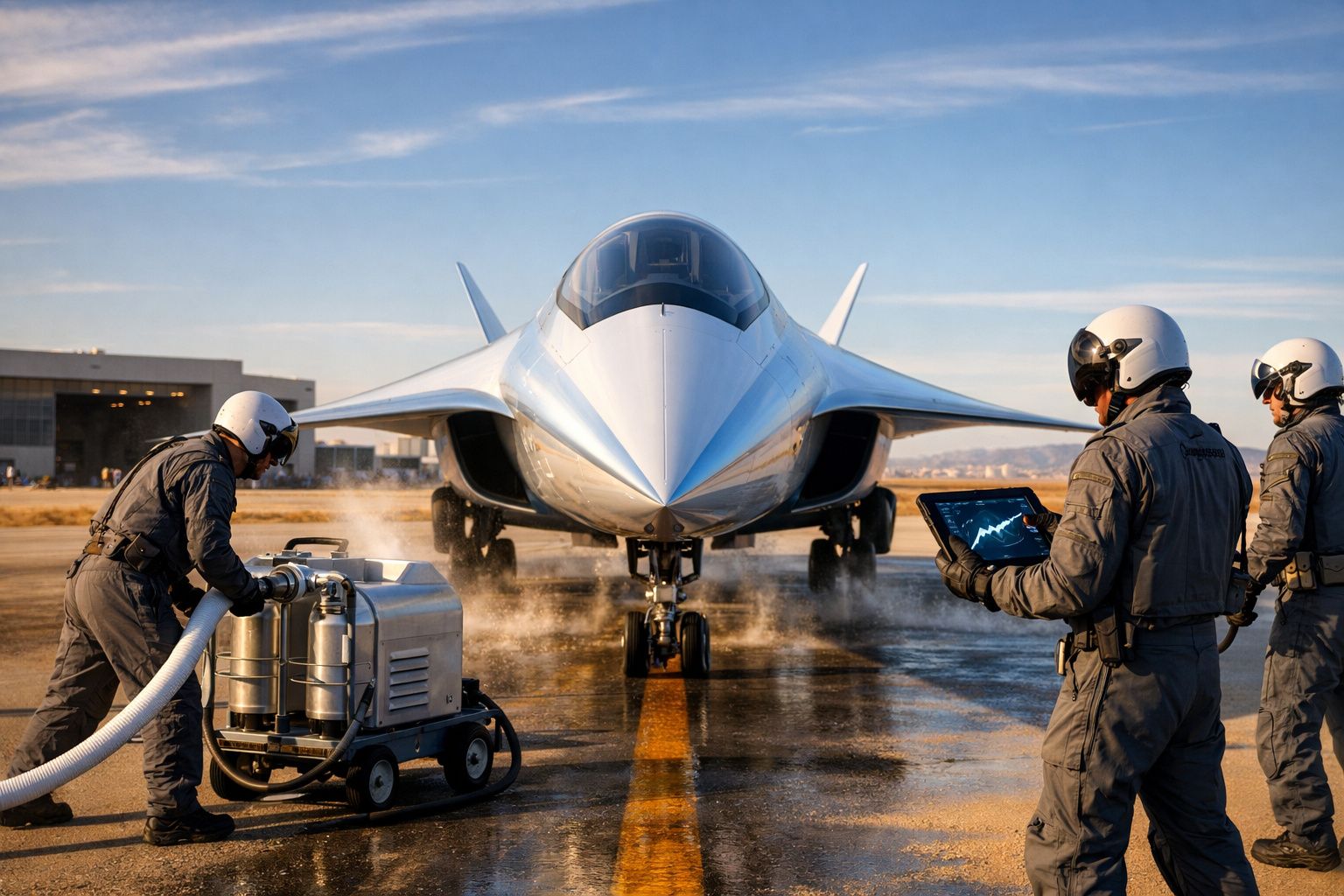 Avião militar furtivo na pista com três técnicos em fatos de voo e equipamento de manutenção.