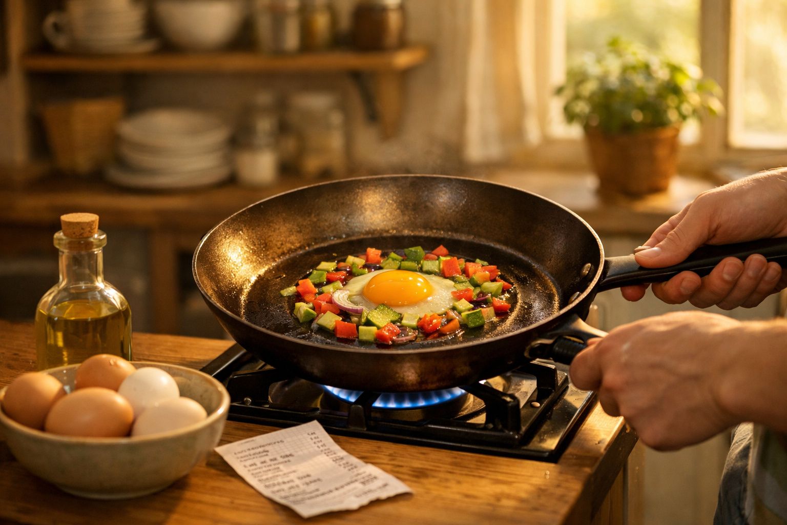 Mãos a cozinhar ovo estrelado com pimentos e cebola numa frigideira sobre fogão a gás numa cozinha rústica.