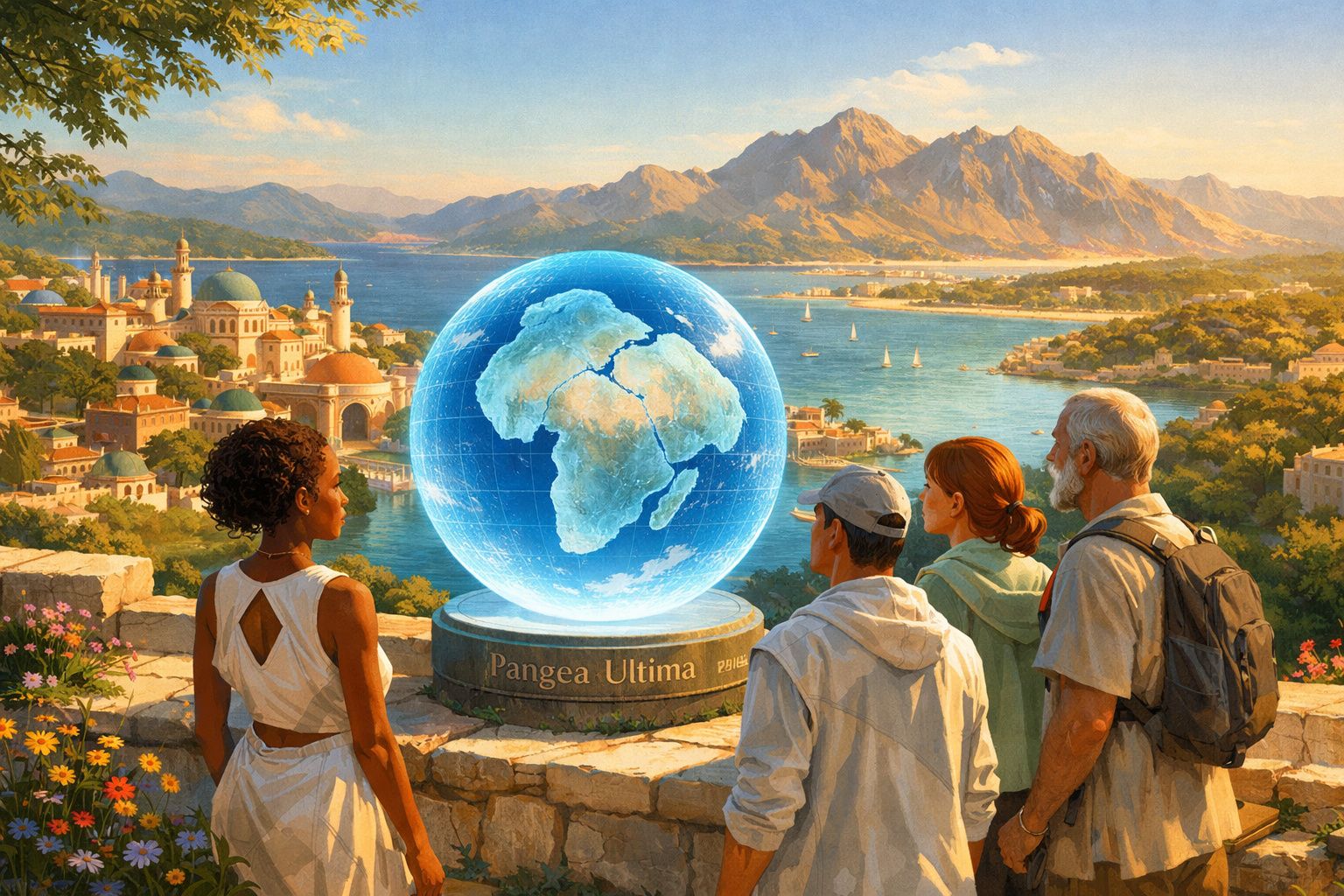 Quatro pessoas observam um globo digital de Pangeia Ultima numa paisagem costeira com montanhas e construções históricas.