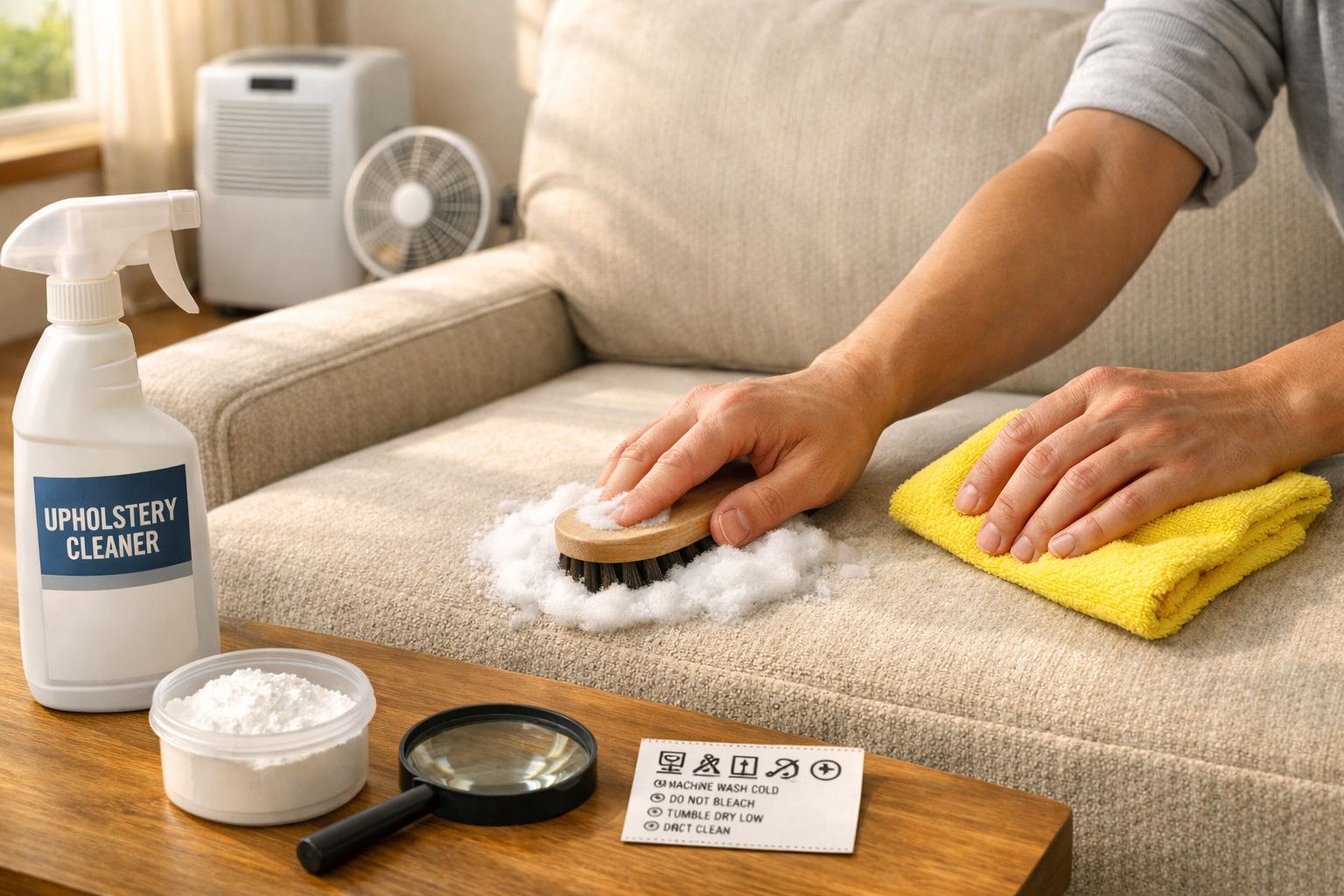 Pessoa a limpar sofá bege com escova e produto para estofos, ao lado de etiqueta e acessórios de limpeza.