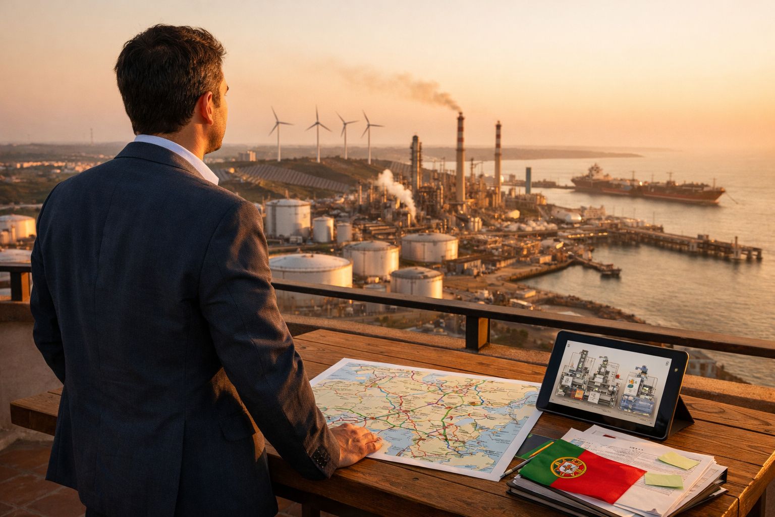 Homem de fato observa refinaria industrial e turbinas eólicas ao pôr do sol, com mapas e tablet numa mesa.