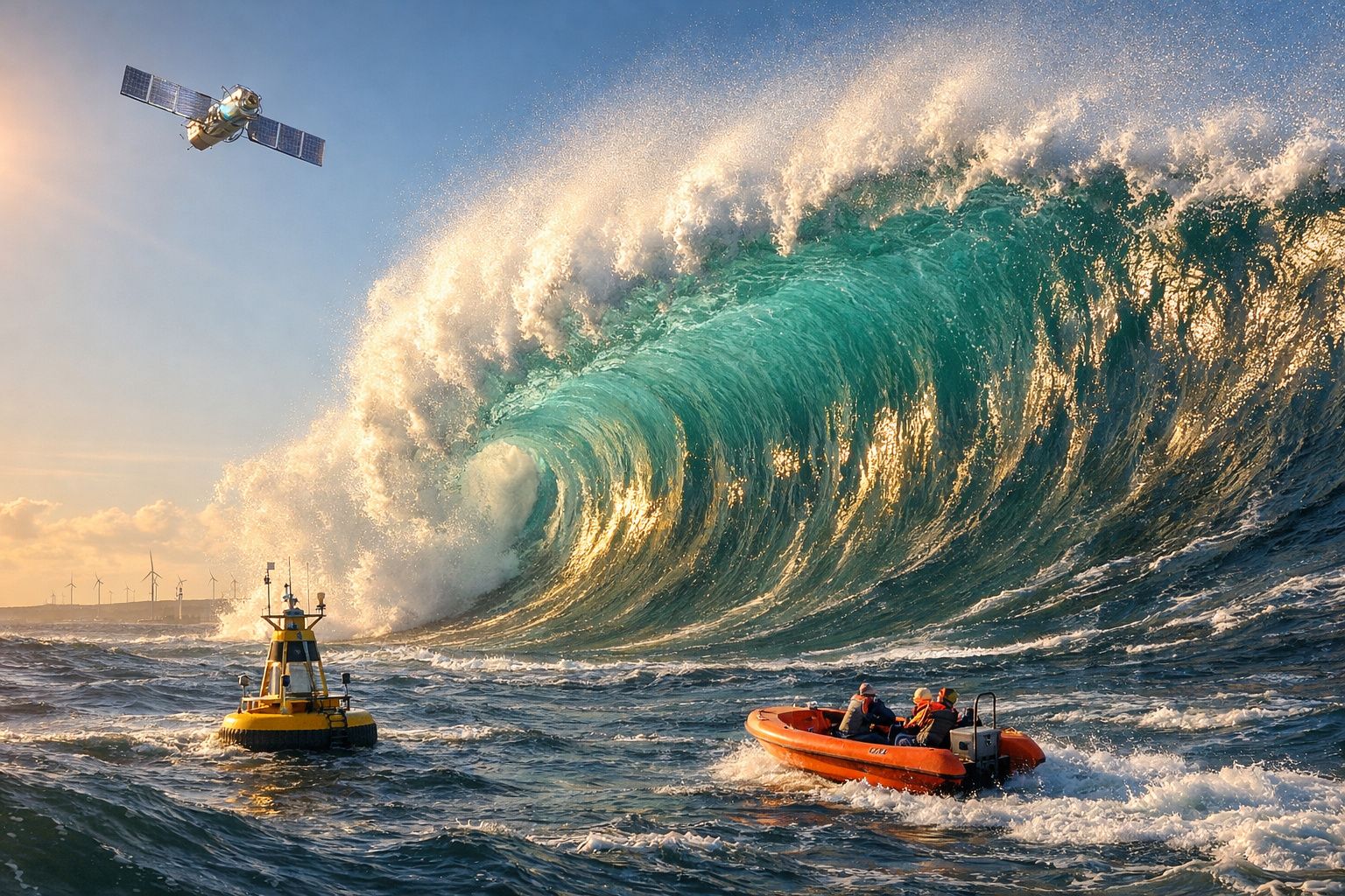 Grande onda azul prestes a rebentar perto de um barco de borracha e boia amarela, com satélite no céu.