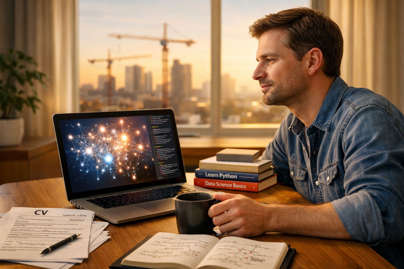 Homem a estudar machine learning em computador portátil com livros de programação e caneca numa mesa junto a uma janela.