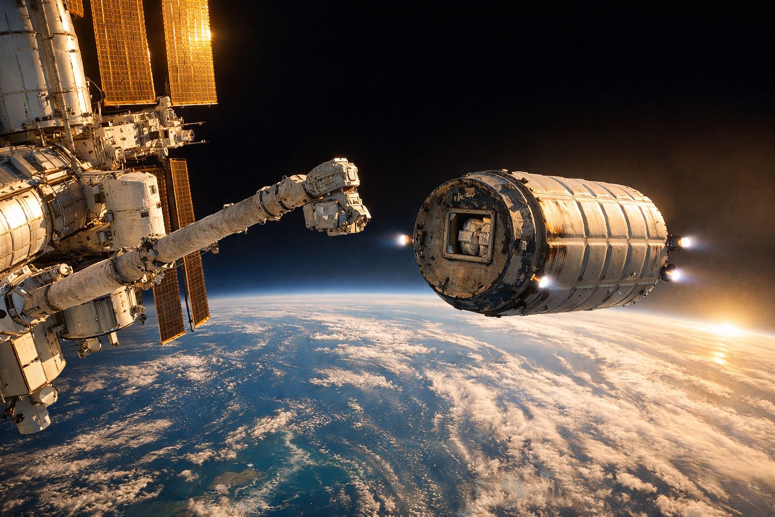 Estação Espacial Internacional com braço robótico a capturar cápsula espacial sobre a Terra.