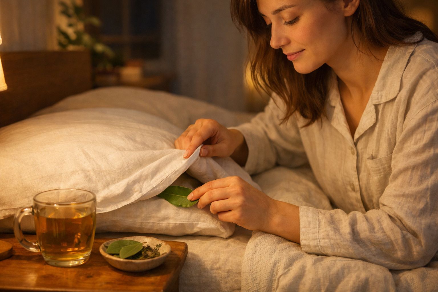 Mulher de pijama coloca folhas frescas entre o travesseiro no quarto iluminado à noite.