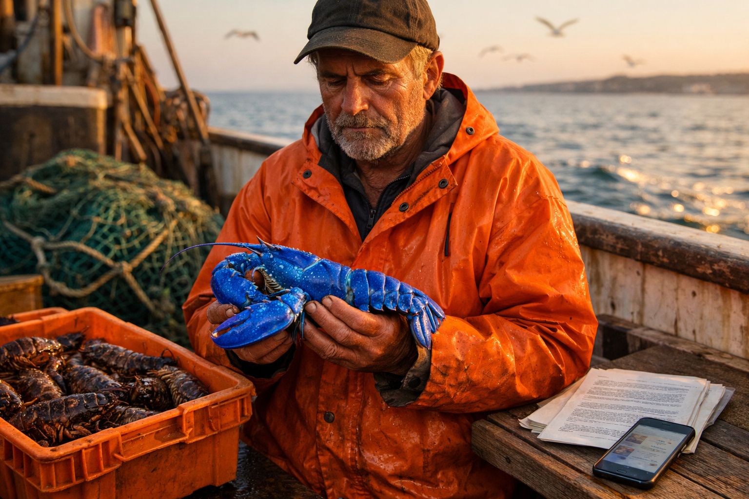 Pescador debruçado num lagosta azul num barco de pesca ao pôr do sol, com caixa de lagostas ao lado.