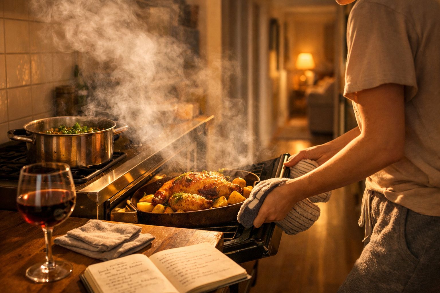 Pessoa a retirar frango assado com batatas do forno numa cozinha acolhedora, com copo de vinho e livro de receitas.