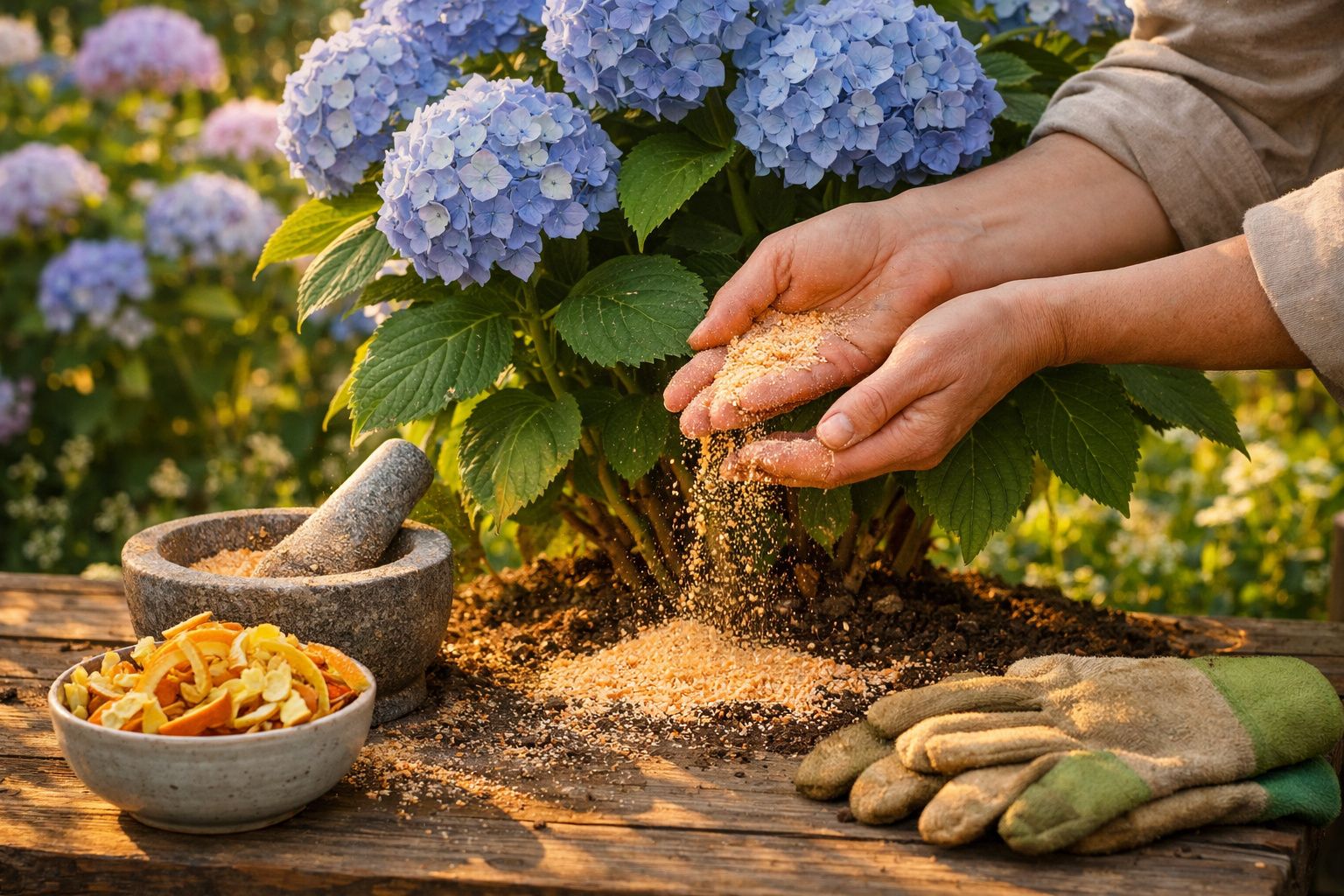 Mãos a espalhar adubo ao pé de uma flor azul com luvas, pilão e frutos secos numa mesa de madeira.