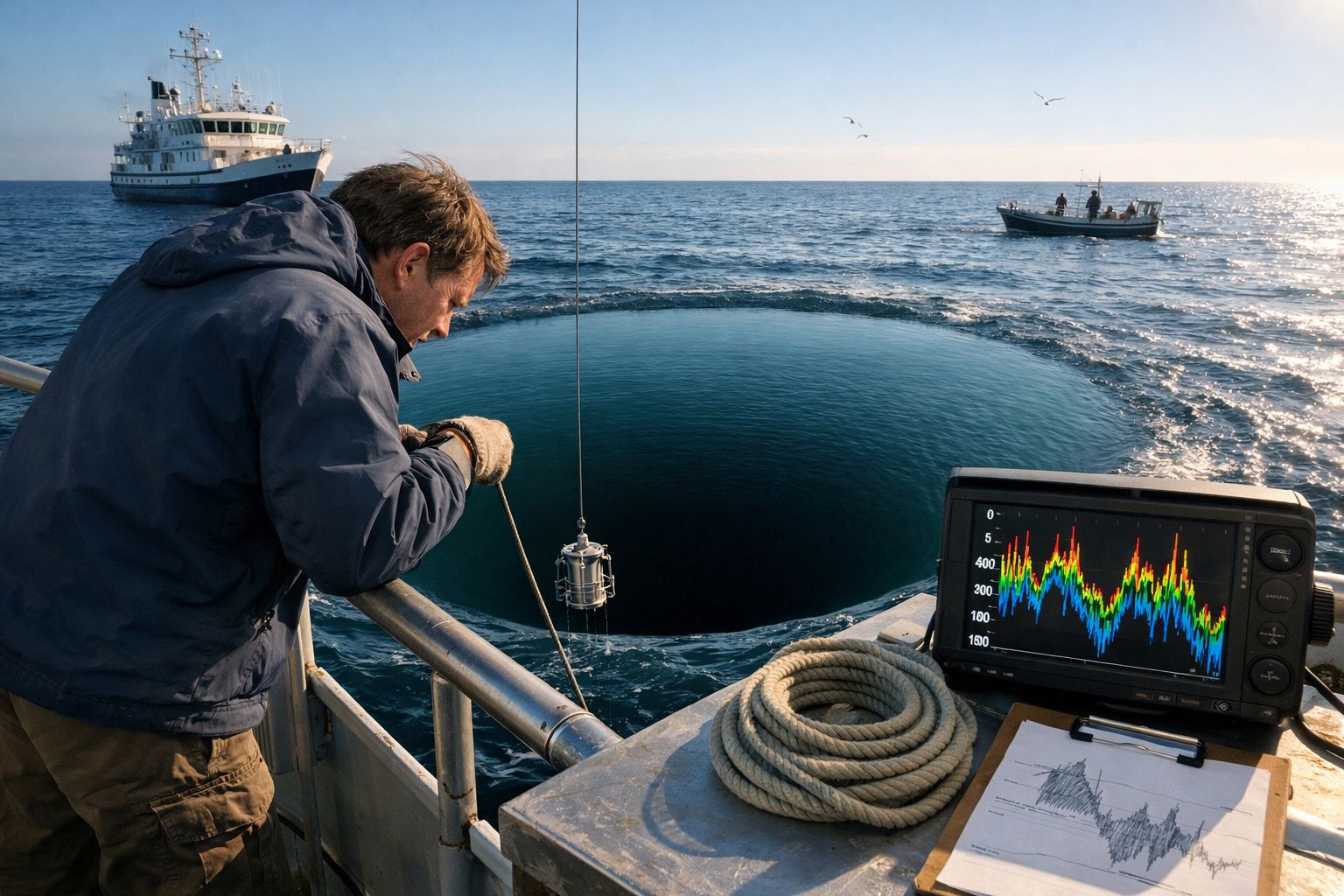 Homem numa embarcação a recolher equipamento do mar num cenário com um buraco escuro na água e outros barcos ao longe.