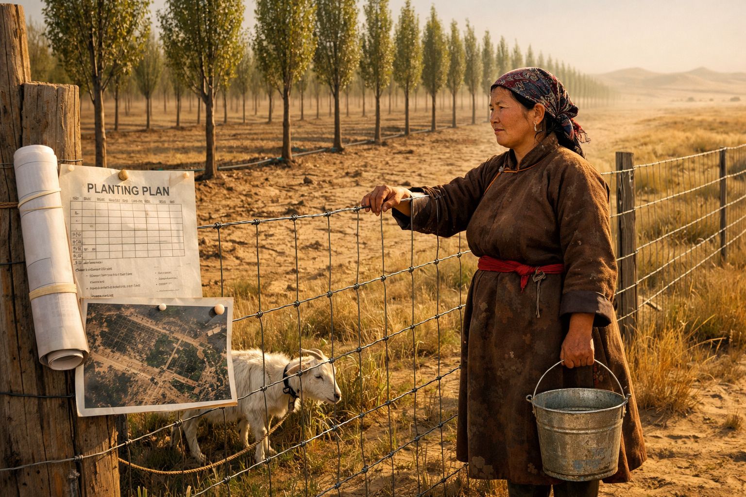 Mulher com roupa tradicional segura balde junto a cerca e cabra, com árvores e campo ao fundo ao entardecer.