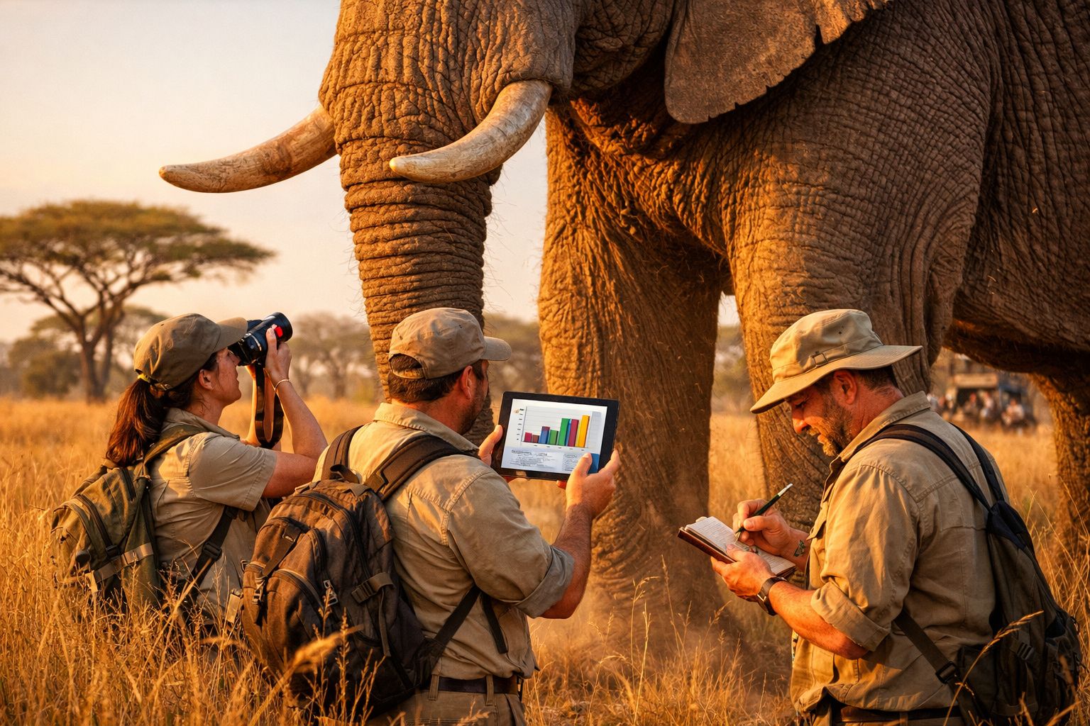 Três cientistas de campo observam e registam dados junto a um elefante numa savana ao pôr do sol.