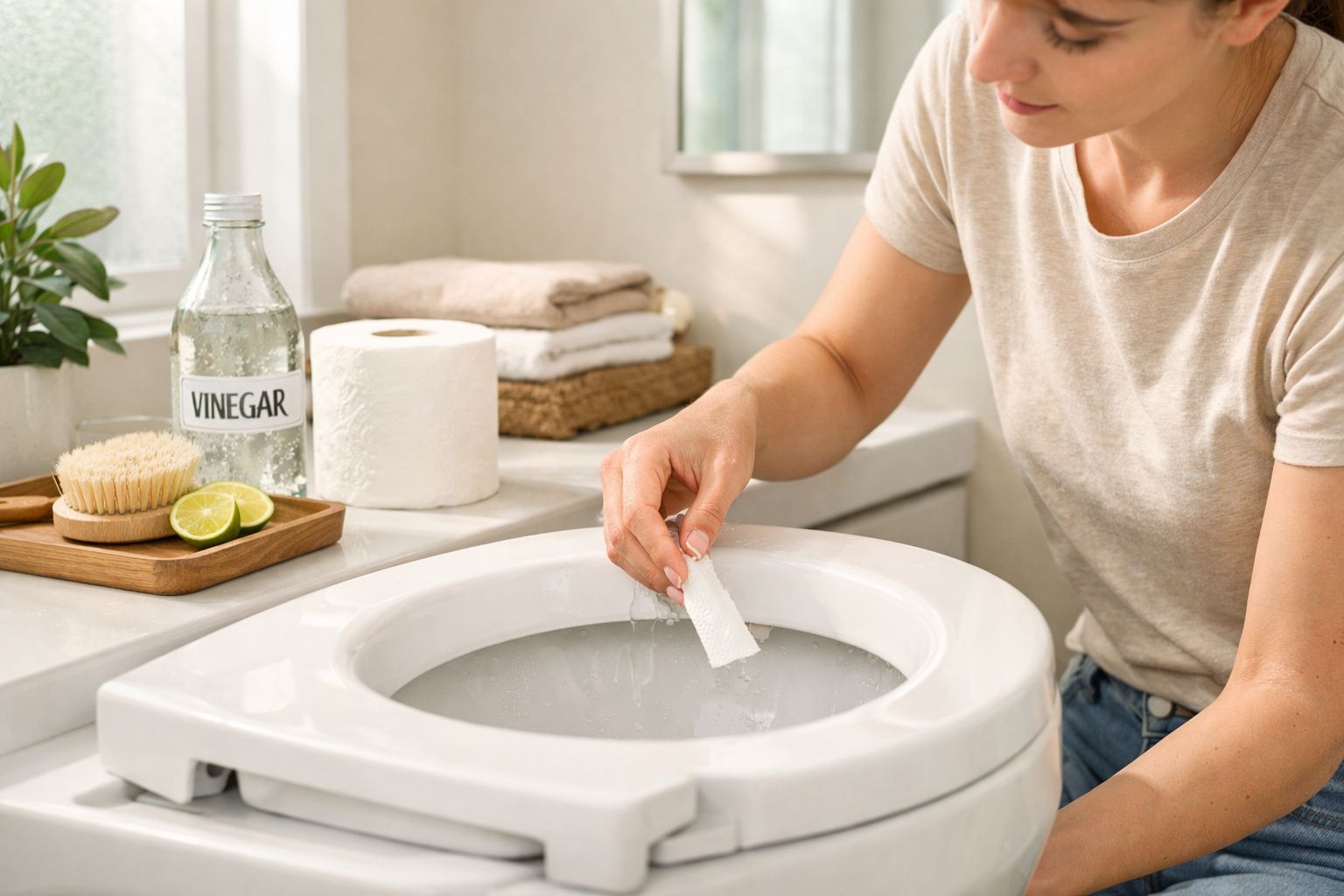 Pessoa a limpar sanita com vinagre e bicarbonato num ambiente de casa de banho.