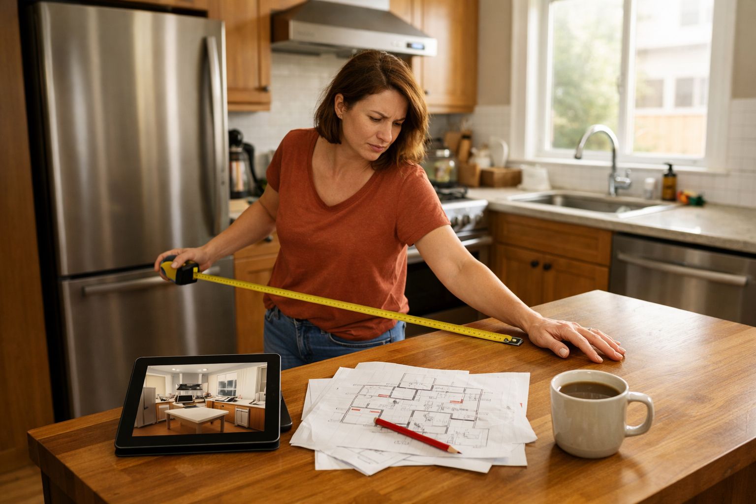 Mulher a medir bancada de cozinha com fita métrica, planos de arquitetura, tablet e chávena de café na mesa.