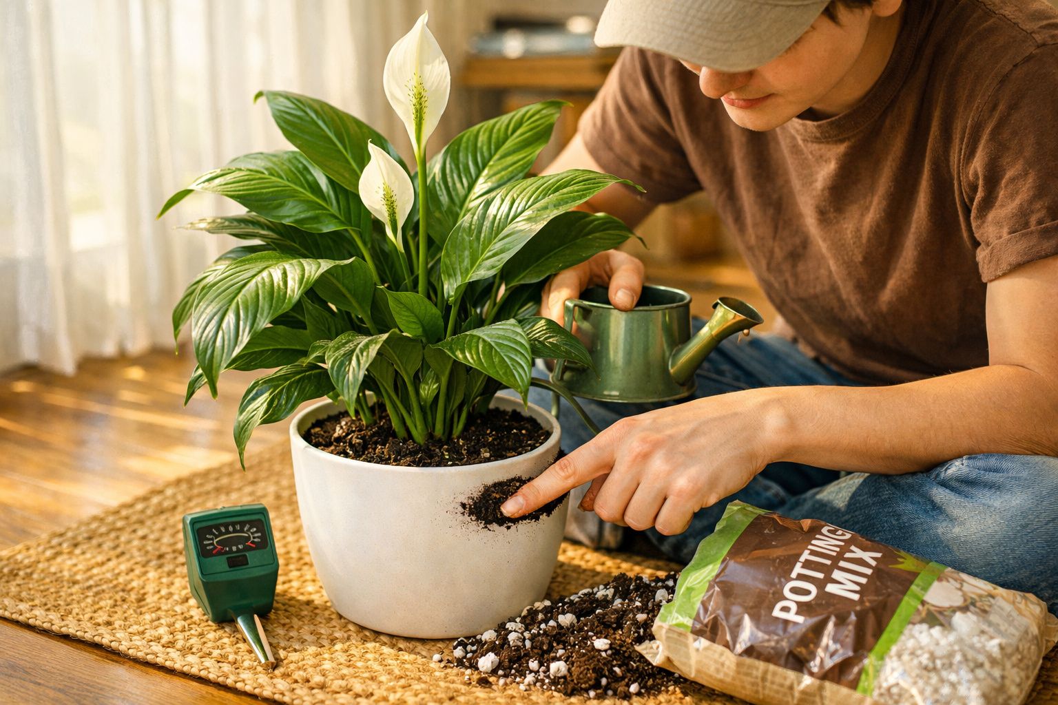 Pessoa a cuidar de planta em vaso branco, regando e adicionando terra, com terra e regador ao lado.