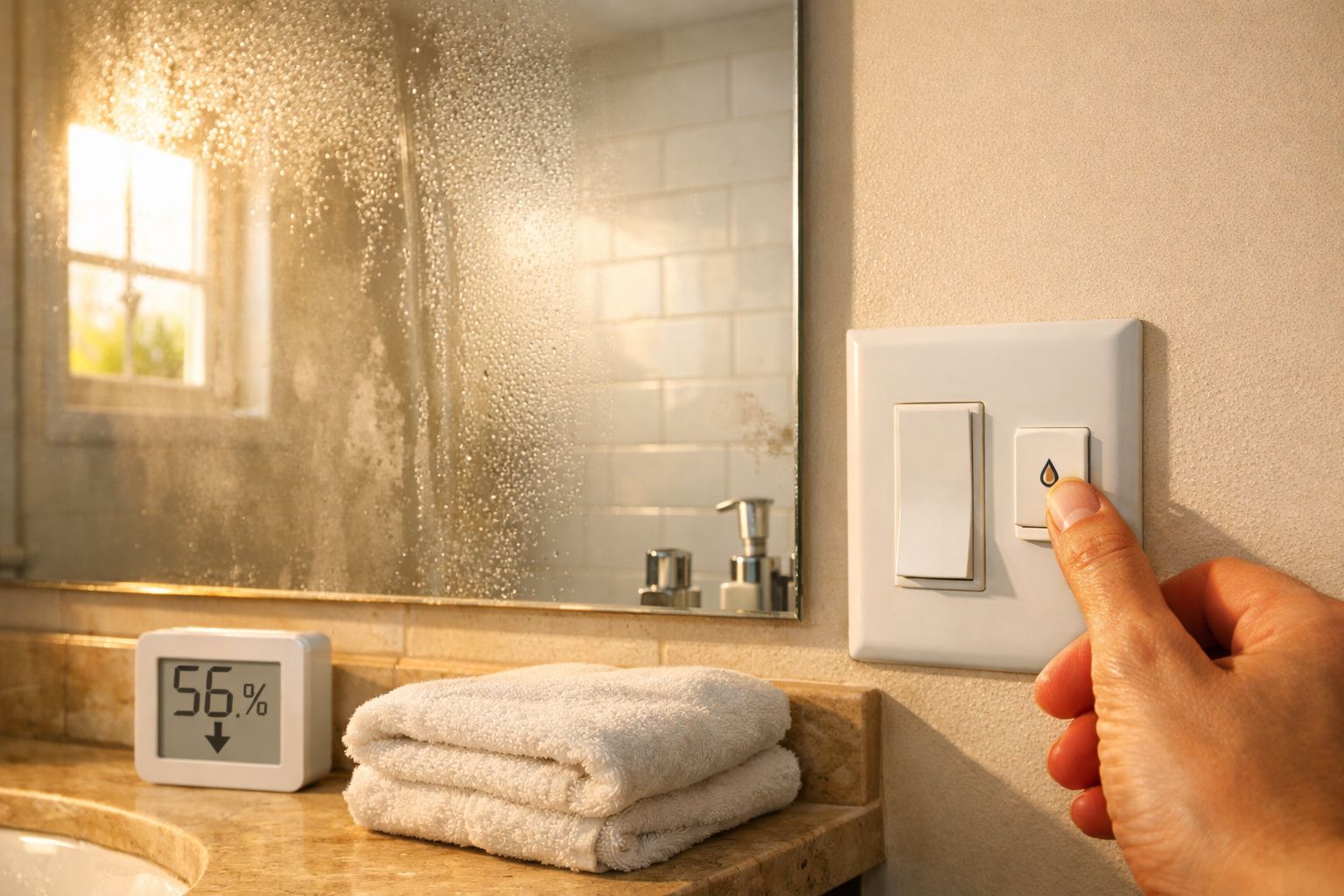 Mão a premir botão de desumidificador numa casa de banho com toalhas e espelho embaciado.