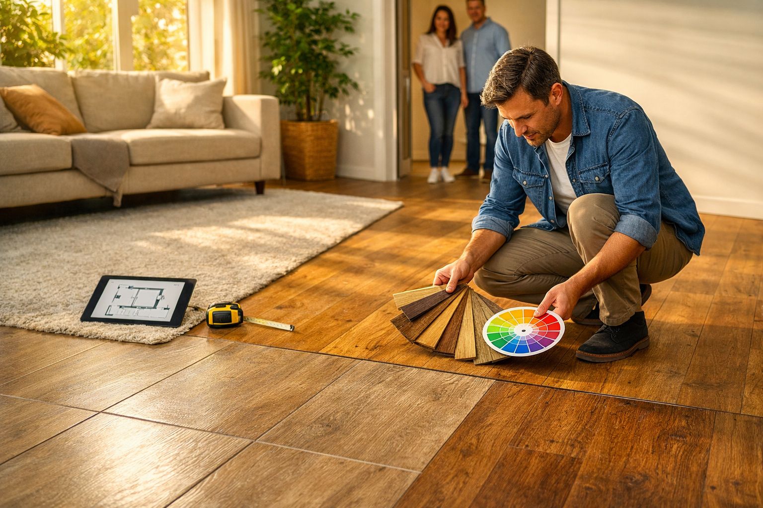 Homem a escolher cores e tipos de madeira para chão num espaço interior com sofá e planta.