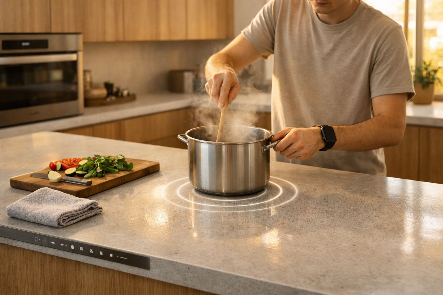 Pessoa a mexer alimento a ferver numa panela num fogão de indução numa cozinha moderna.
