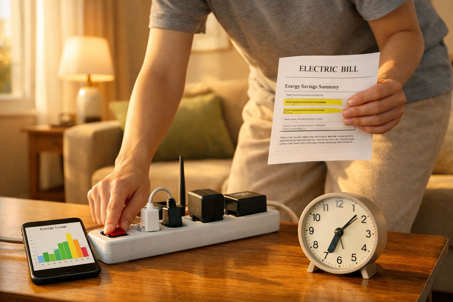Pessoa desligando tomada numa régua, segurando fatura de eletricidade, com smartphone e relógio numa mesa.