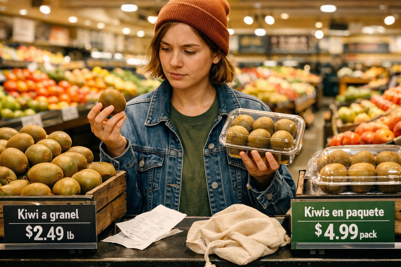 Mulher numa loja a comparar kiwis a granel e em pacote, com etiquetas de preços visíveis no supermercado.