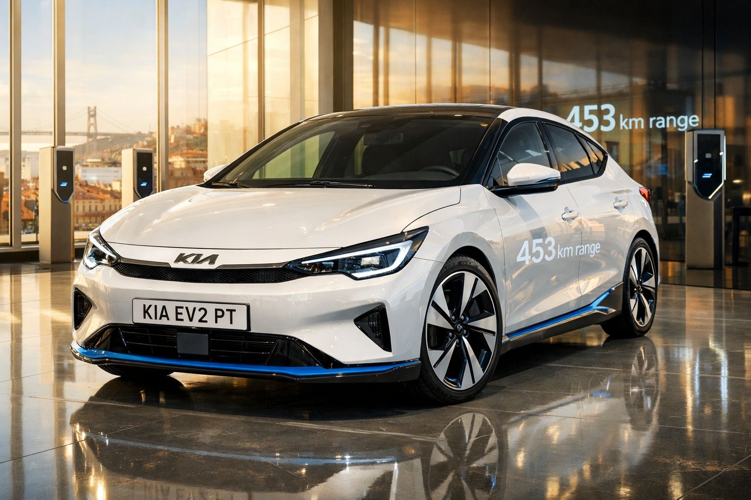 Carro elétrico branco Kia EV2 PT numa exposição com indicação de autonomia de 453 km refletida.