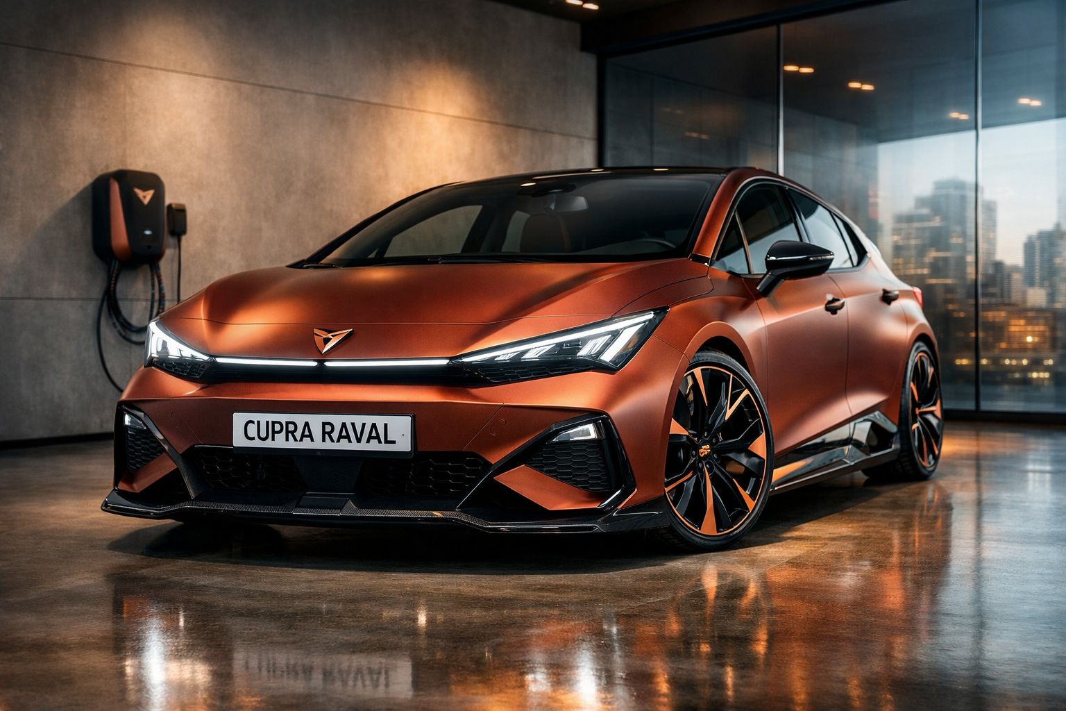 Carro elétrico Cupra Raval laranja metálico estacionado em garagem moderna com carregador na parede.