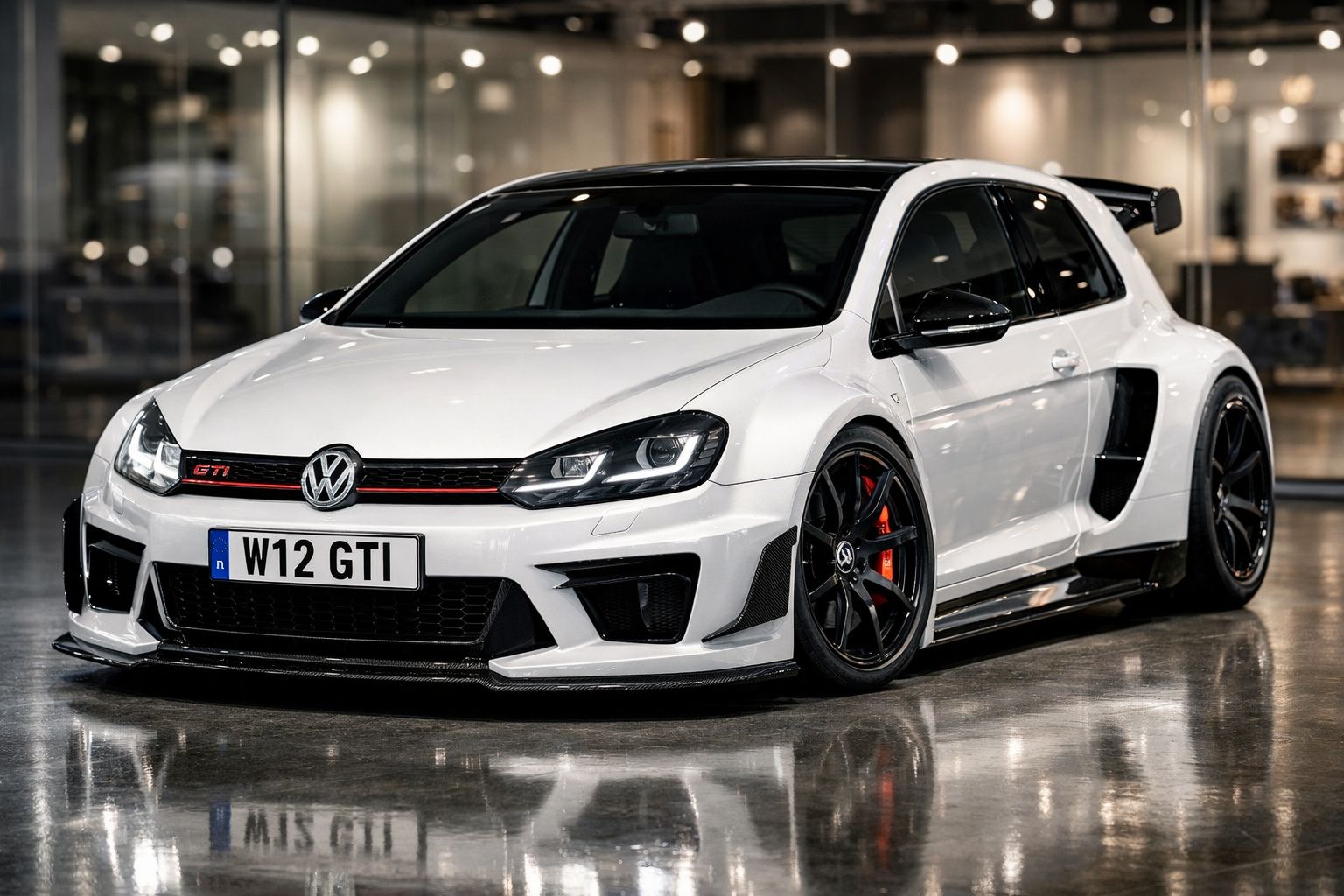 Carro desportivo branco Volkswagen GTI estacionado em piso brilhante com rodas pretas e pinças de travão vermelhas.