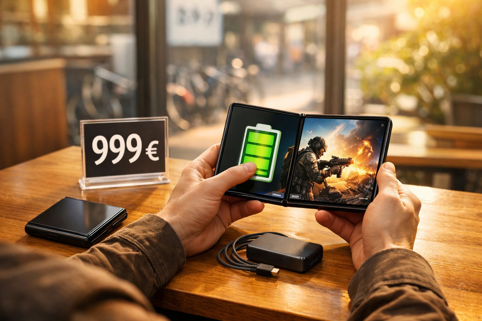 Pessoa a segurar telemóvel dobrável com jogo de computador e ícone de bateria cheia, preço de 999€ visível.