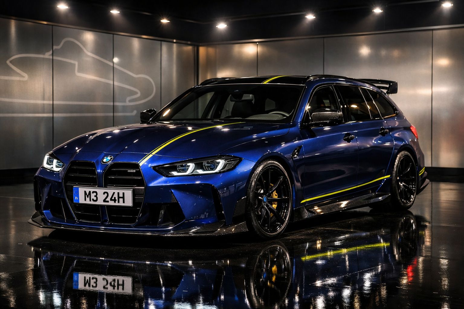 Carro desportivo BMW azul com riscas amarelas em ambiente interior com chão refletor.