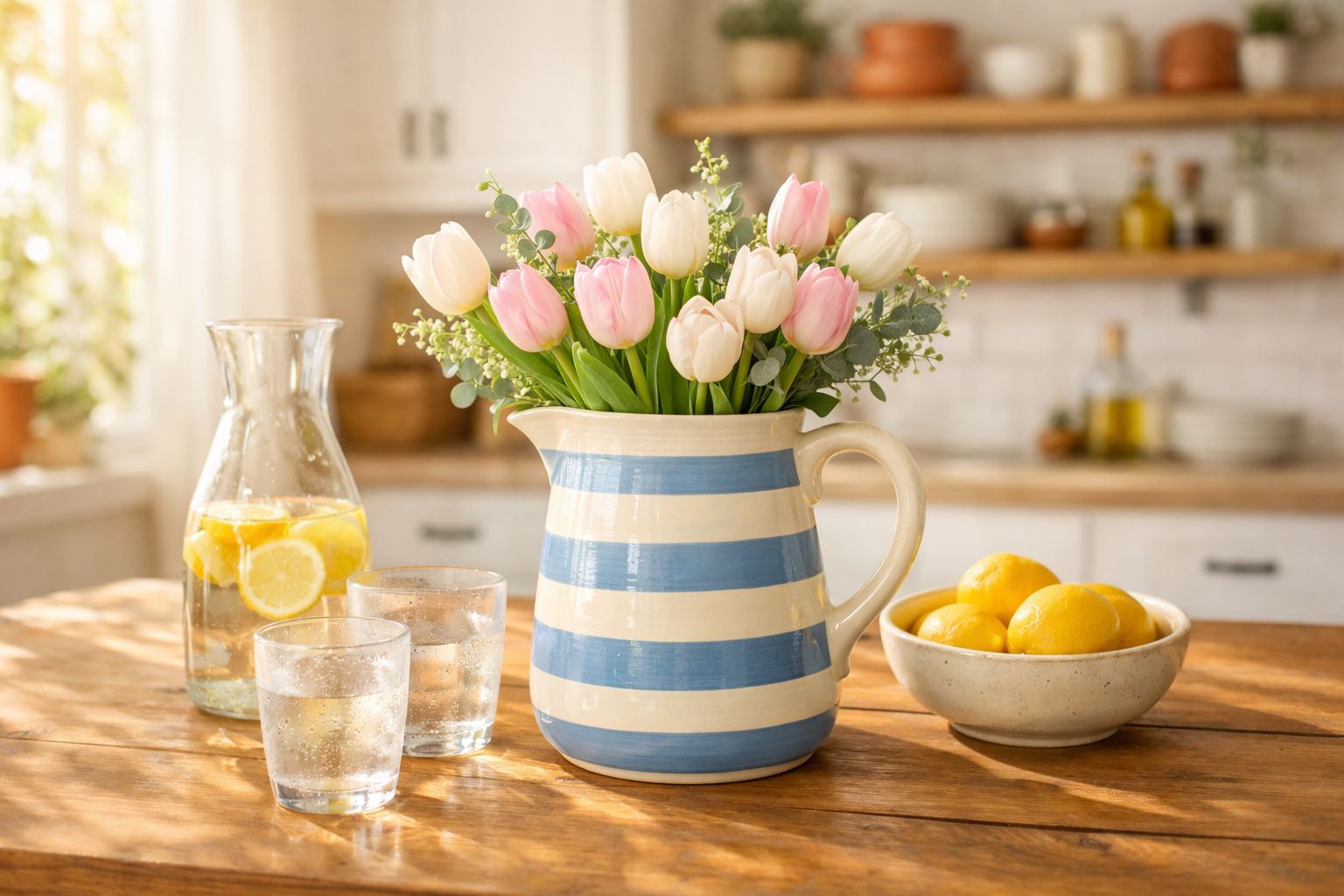 Jarro riscado com flores tulipas rosas e brancas numa cozinha com limões numa taça e jarro de água com limão.