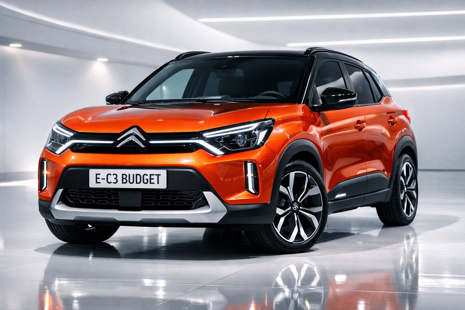 Carro Citroën E-C3 Budget laranja com tejadilho preto, estacionado em espaço interior iluminado.