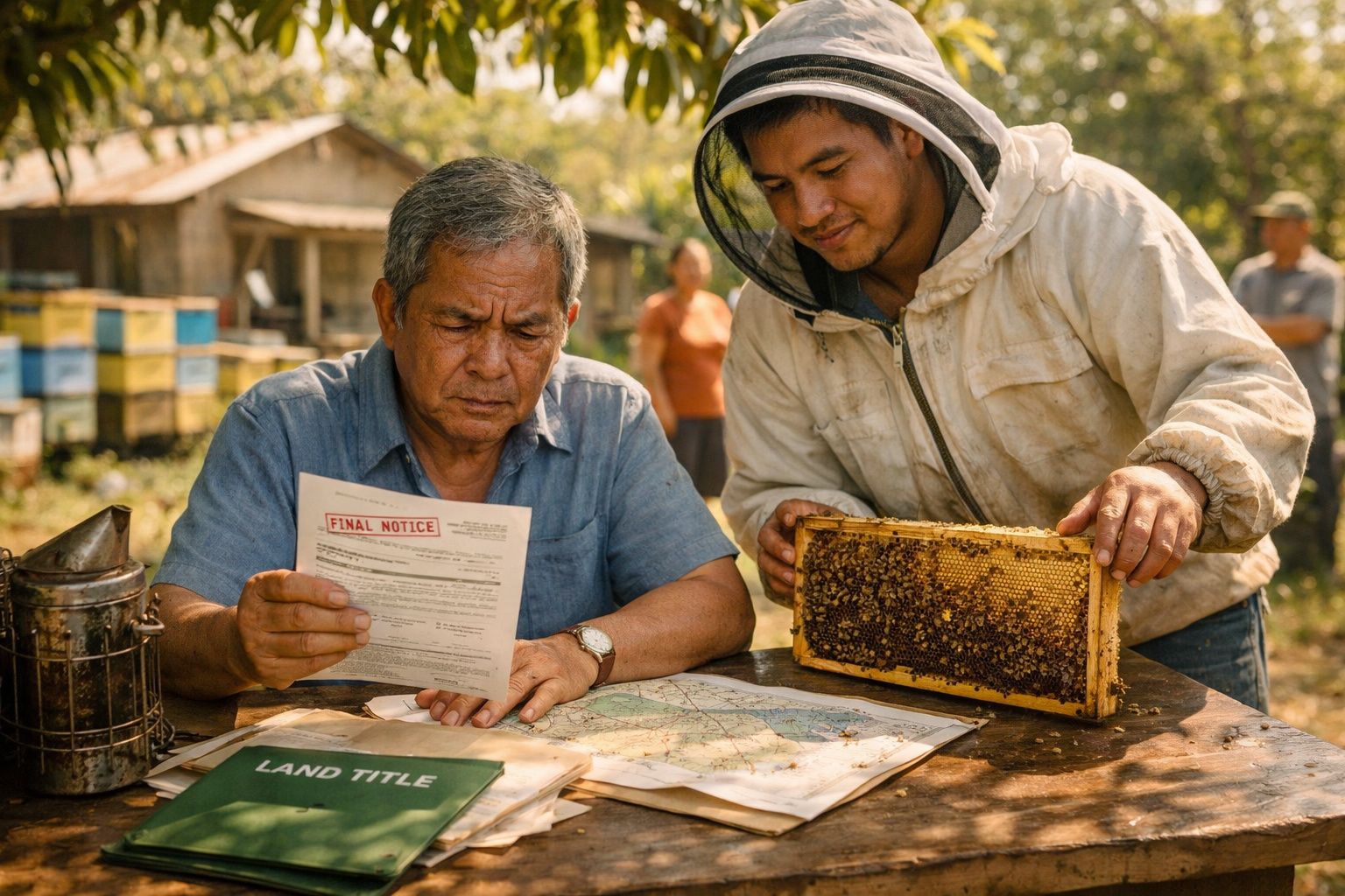 Homem lê aviso final enquanto outro mostra favo de mel numa mesa com documentos e mapa ao ar livre.