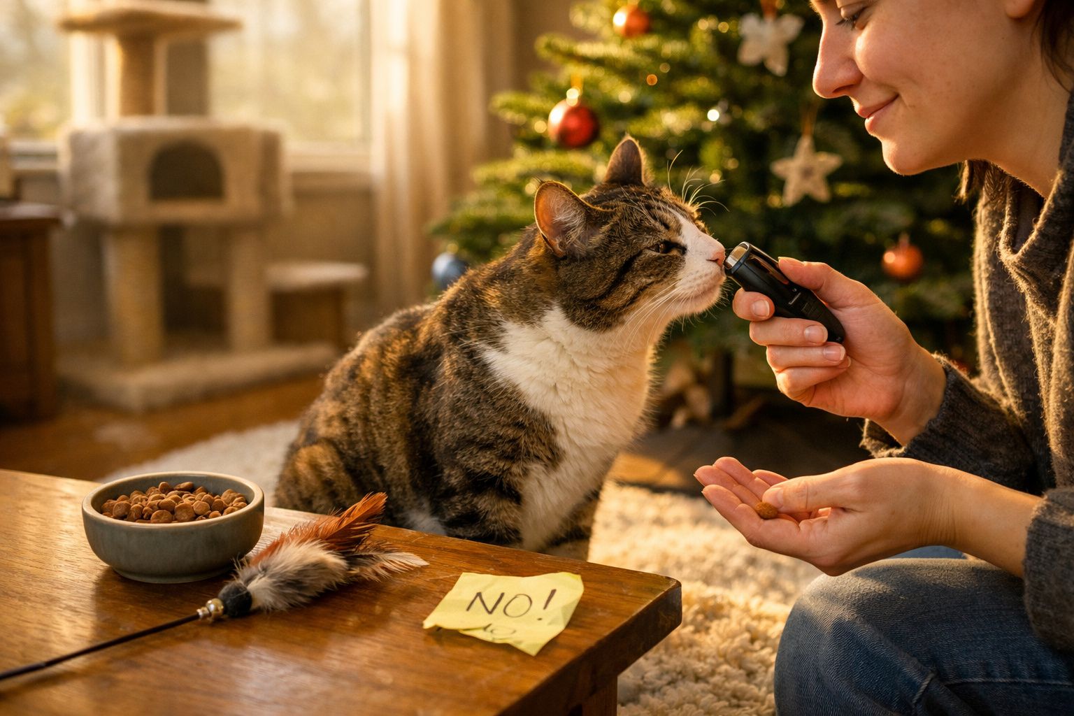 Gato a cheirar brinquedo, pessoa a segurá-lo, com árvore de Natal e ração ao fundo.