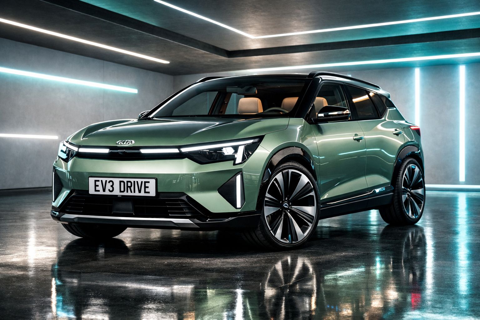 Carro eléctrico Kia EV3 Drive verde estacionado em garagem com iluminação moderna azul e branca.
