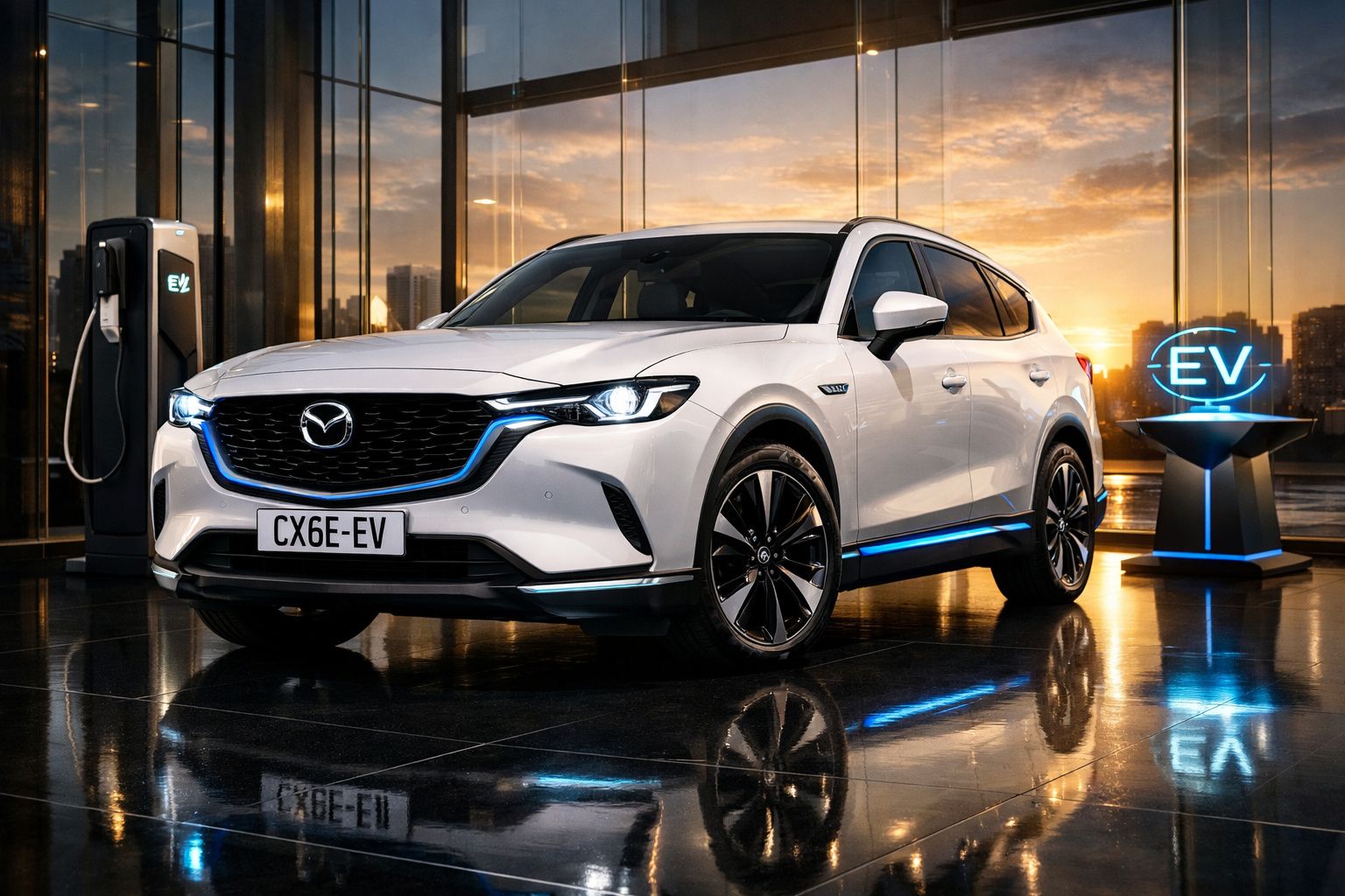 Carro elétrico Mazda CX-6 EV branco estacionado junto a posto de carregamento num ambiente moderno ao pôr do sol.