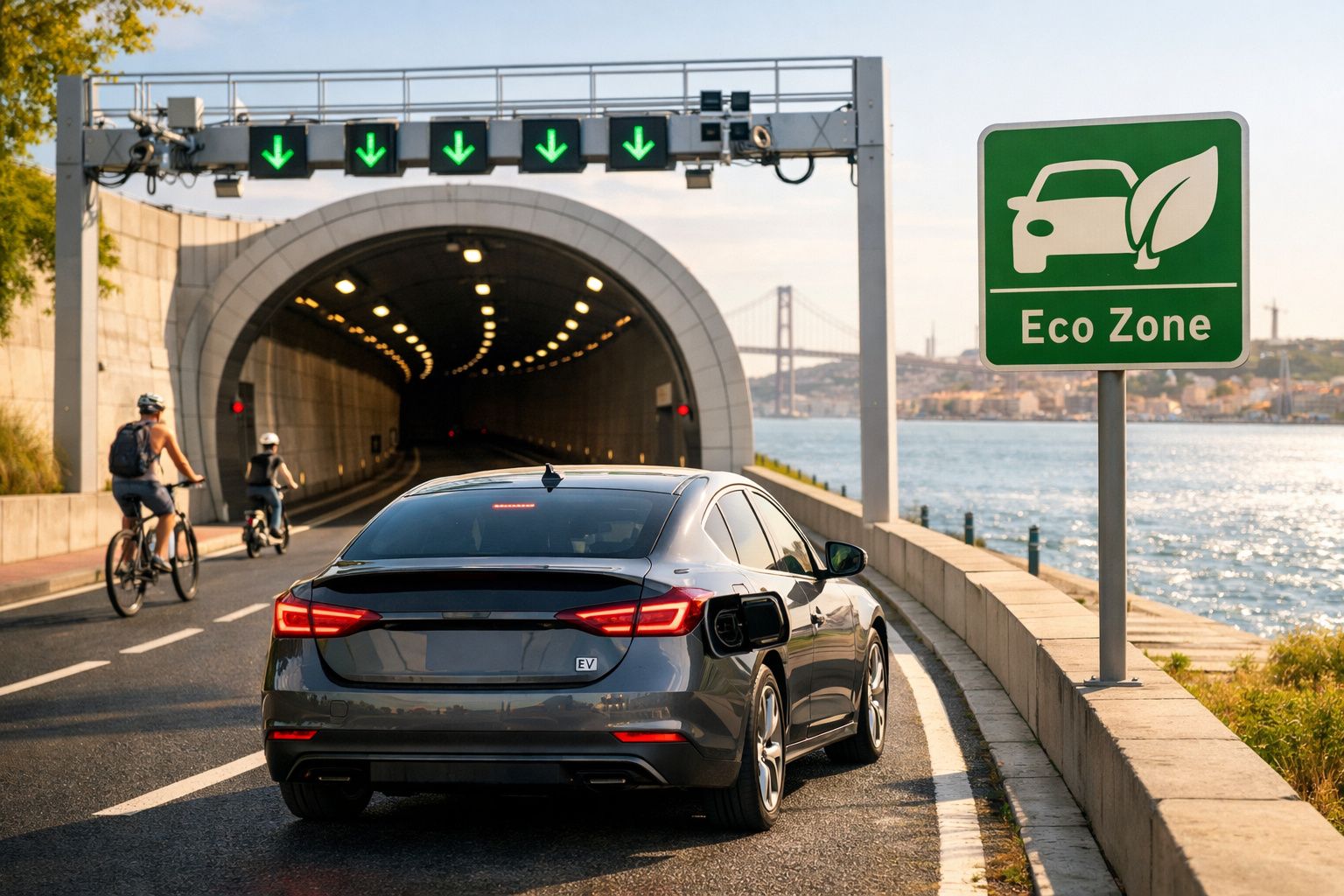 Carro elétrico a entrar numa zona ecológica junto a um túnel à beira de um rio com ciclistas ao lado.
