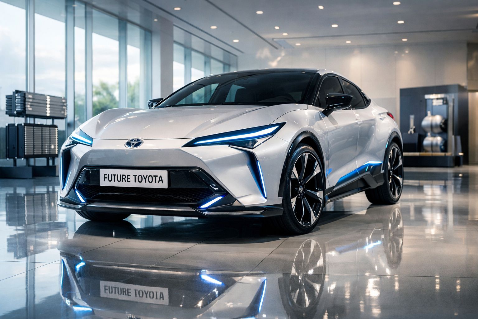Carro elétrico concept Toyota Futuro branco com detalhes em LED azuis numa sala moderna e iluminada.