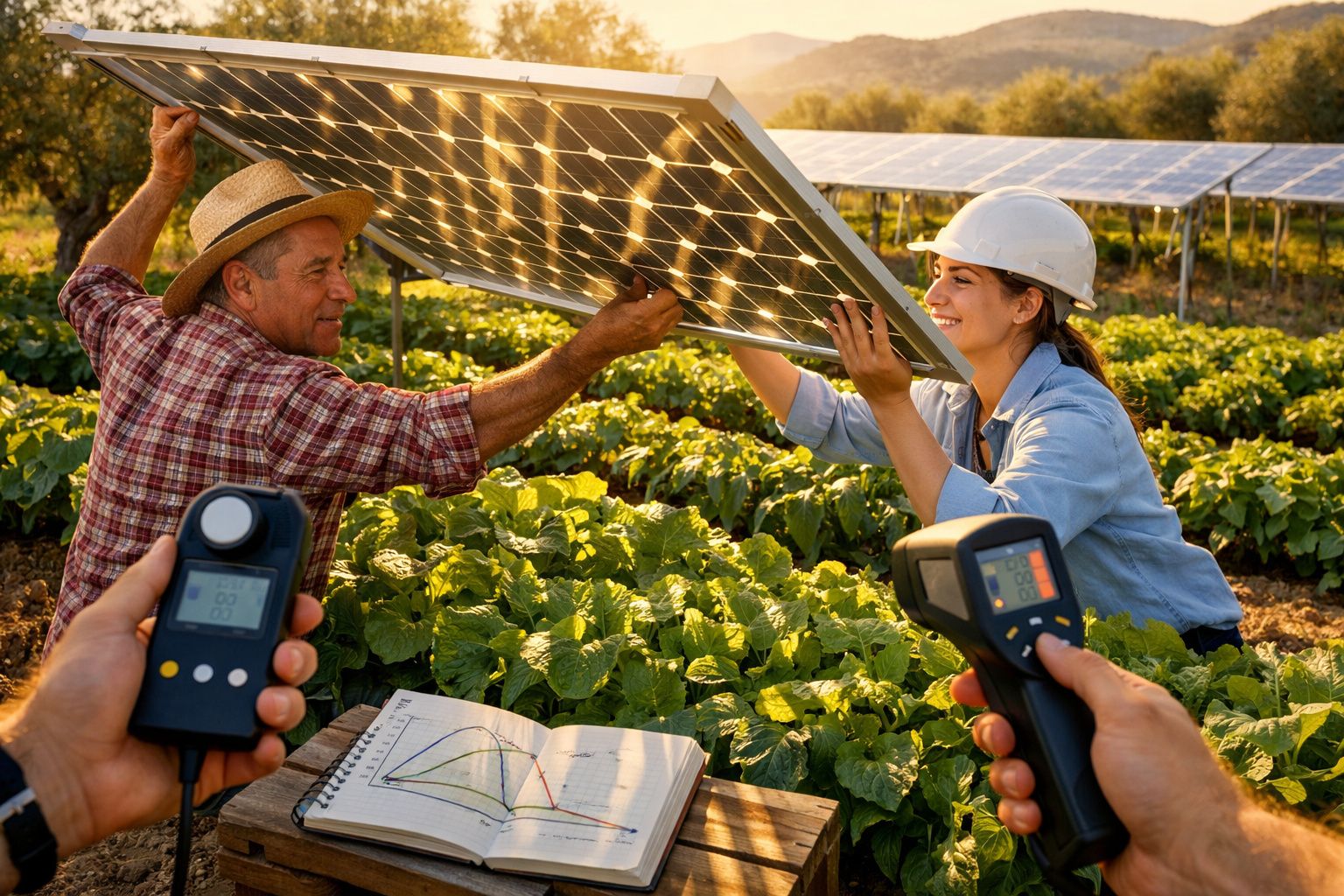 Agricultores a instalar painel solar numa plantação, medindo luz e temperatura para otimizar energia.