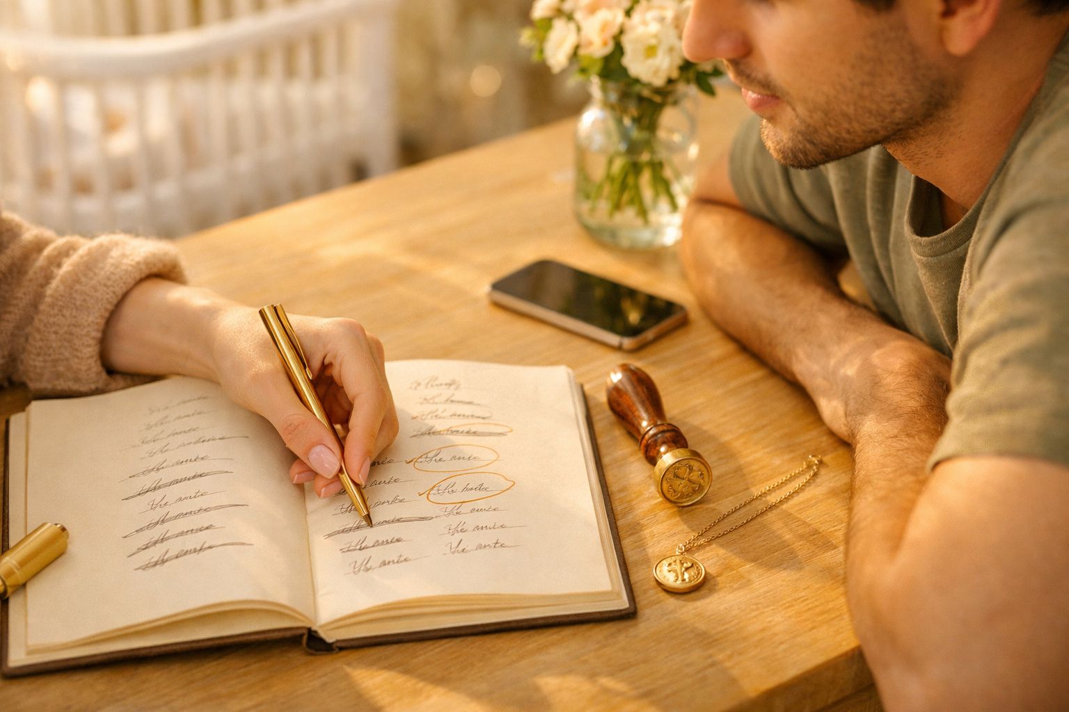Pessoa a escrever num caderno aberto sobre mesa de madeira com carimbo e telemóvel ao lado.