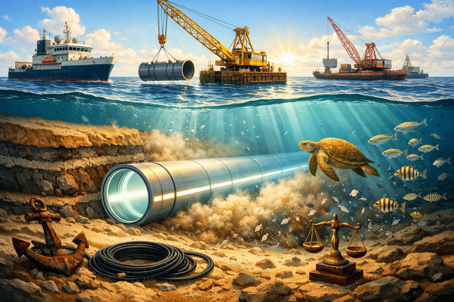 Obras subaquáticas com tubulação, animais marinhos, navios e guindastes na superfície do mar ao pôr do sol.